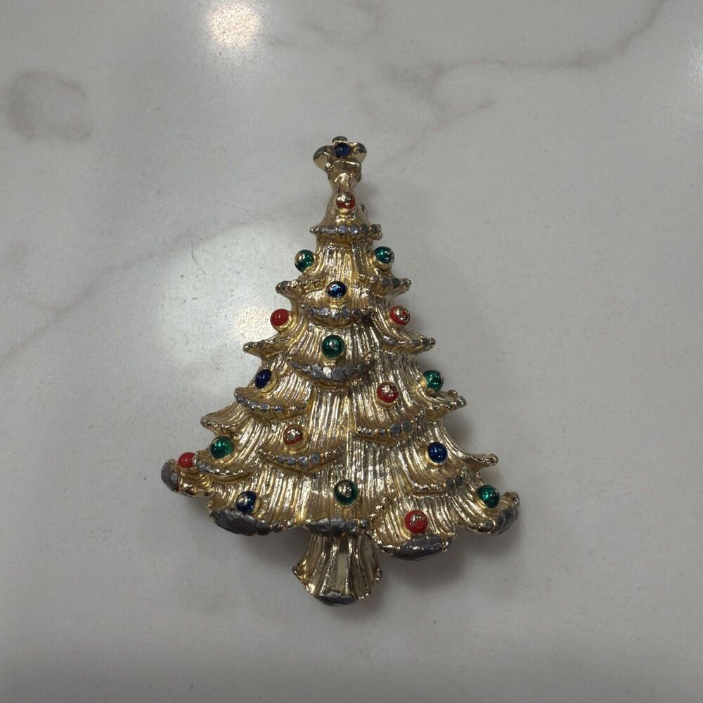 VTG Gold Tone Christmas Tree Enamel Brooch Pin Signed Gerri's